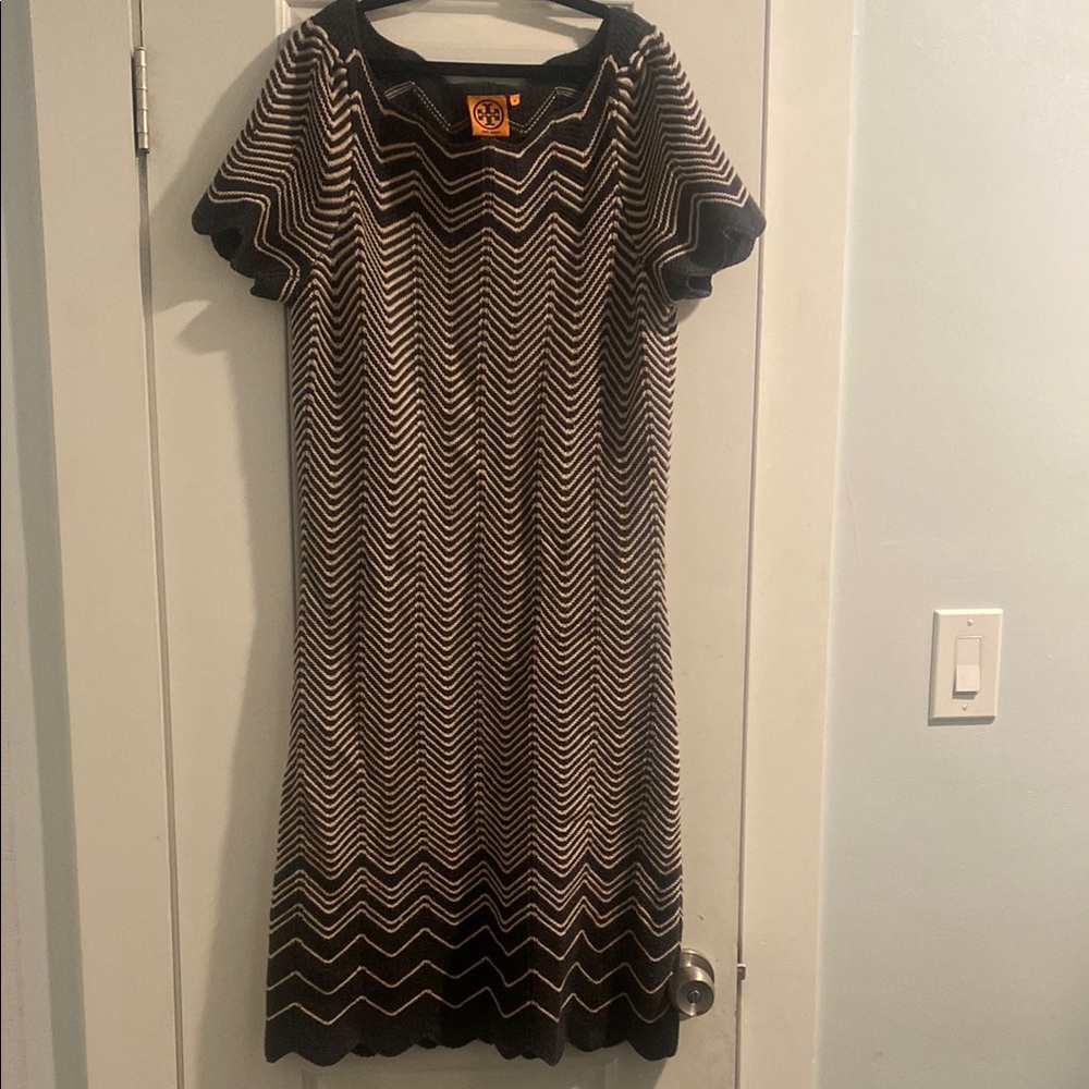 Tory Burch Black and White Sheath Dress with Flutter Sleeves